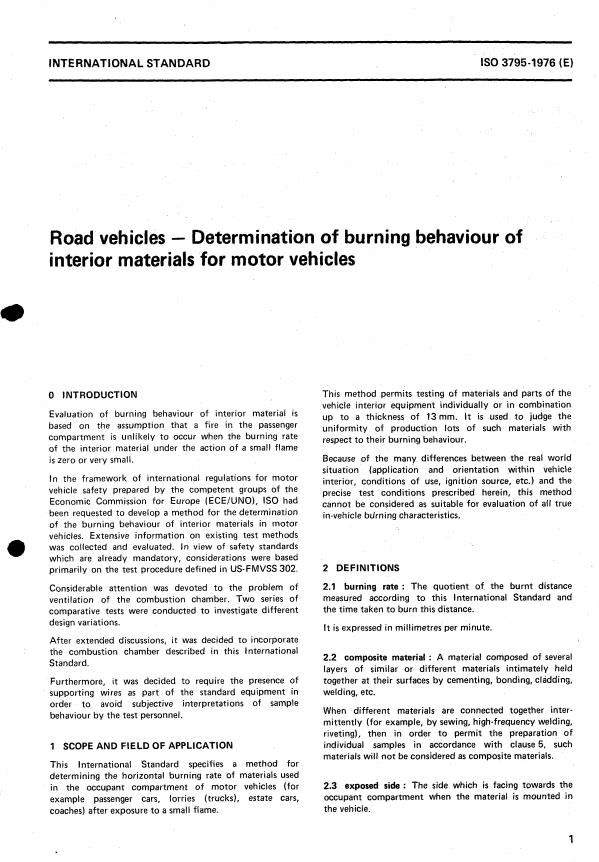 ISO 3795:1976 - Road vehicles -- Determination of burning behaviour of interior materials for motor vehicles