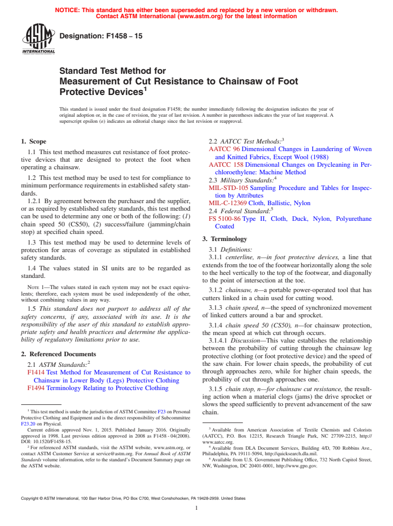 ASTM F1458-15 - Standard Test Method for Measurement of Cut Resistance to Chainsaw of Foot Protective  Devices