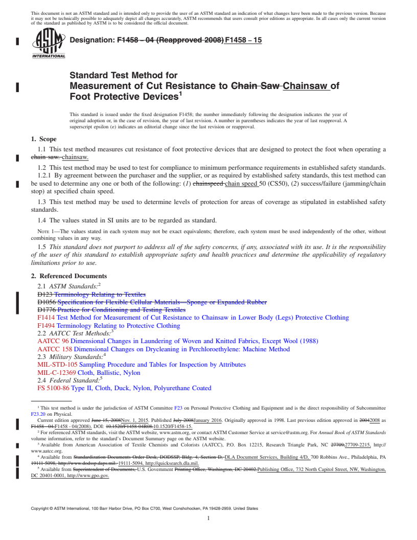 REDLINE ASTM F1458-15 - Standard Test Method for Measurement of Cut Resistance to Chainsaw of Foot Protective  Devices