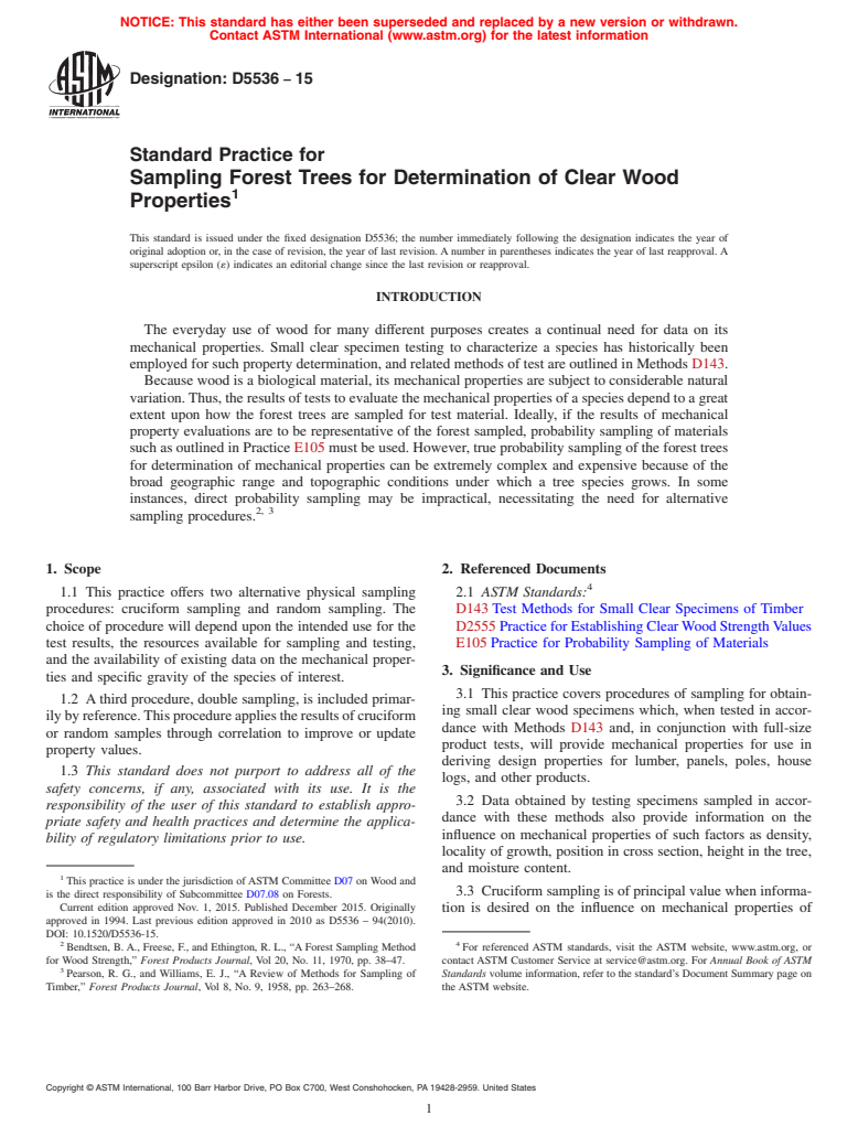 ASTM D5536-15 - Standard Practice for Sampling Forest Trees for Determination of Clear Wood Properties