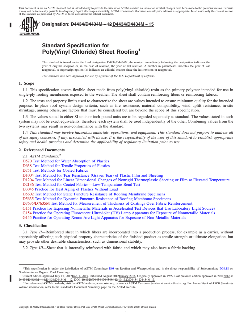 REDLINE ASTM D4434/D4434M-15 - Standard Specification for  Poly(Vinyl Chloride) Sheet Roofing