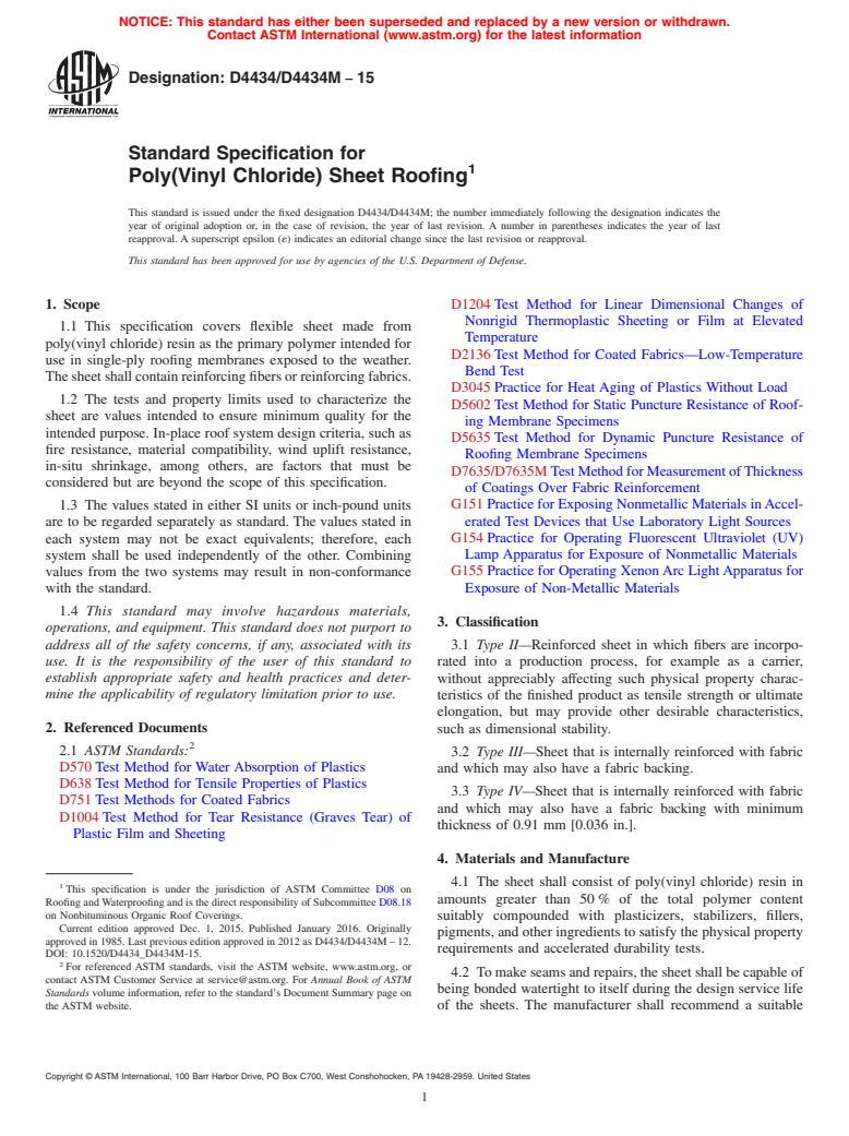 ASTM D4434/D4434M-15 - Standard Specification for  Poly(Vinyl Chloride) Sheet Roofing