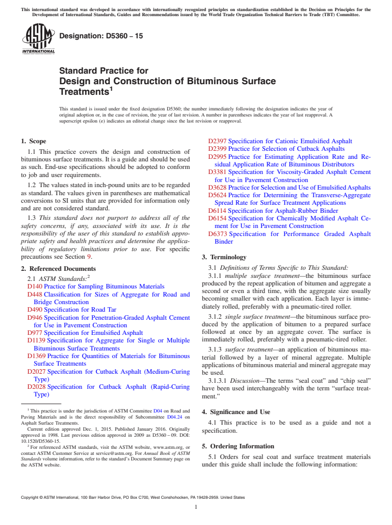 ASTM D5360-15 - Standard Practice for Design and Construction of Bituminous Surface Treatments
