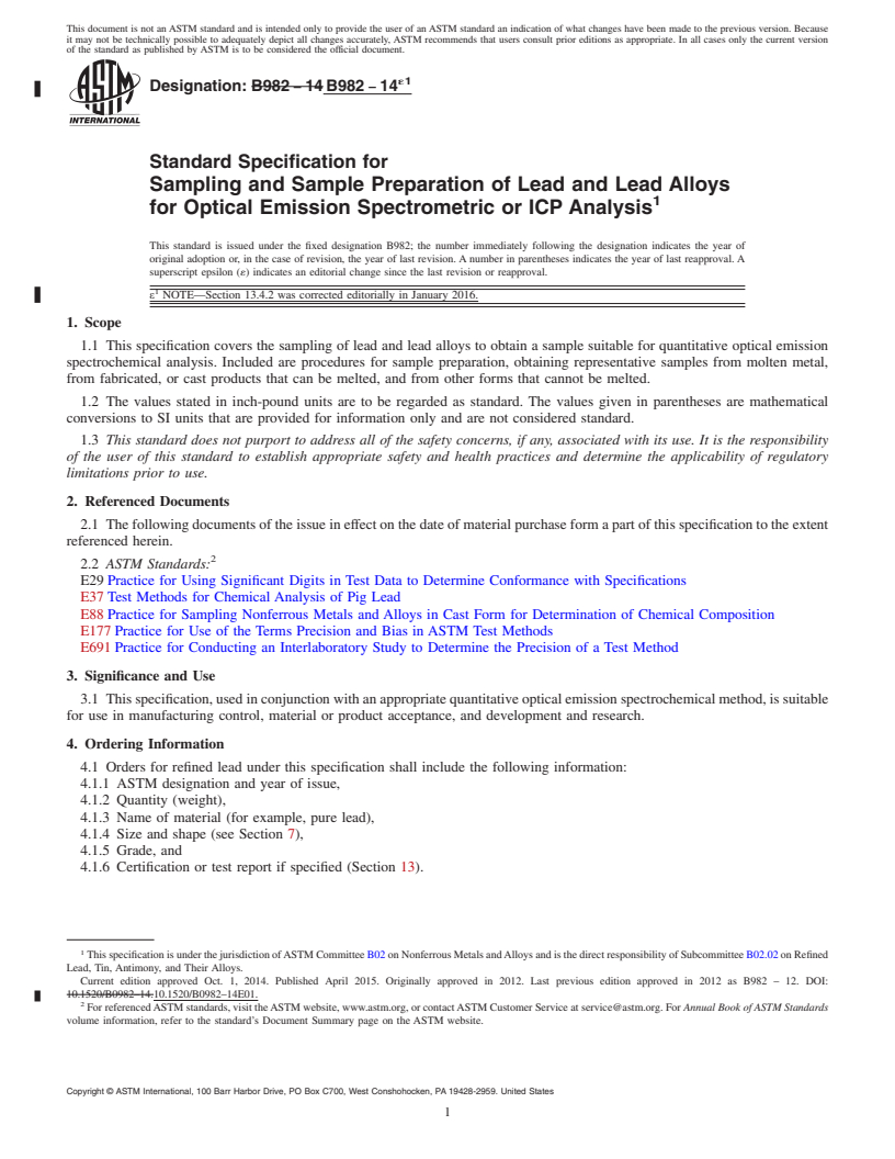 REDLINE ASTM B982-14e1 - Standard Specification for Sampling and Sample Preparation of Lead and Lead Alloys for  Optical Emission Spectrometric or ICP Analysis