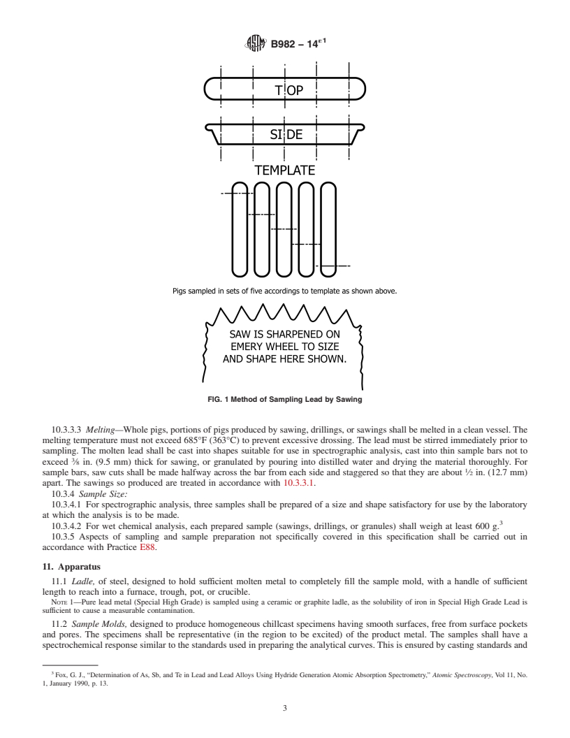 REDLINE ASTM B982-14e1 - Standard Specification for Sampling and Sample Preparation of Lead and Lead Alloys for  Optical Emission Spectrometric or ICP Analysis