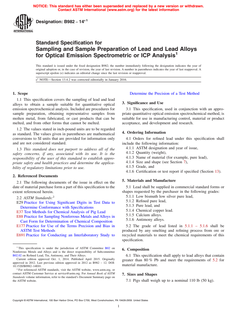 ASTM B982-14e1 - Standard Specification for Sampling and Sample Preparation of Lead and Lead Alloys for  Optical Emission Spectrometric or ICP Analysis