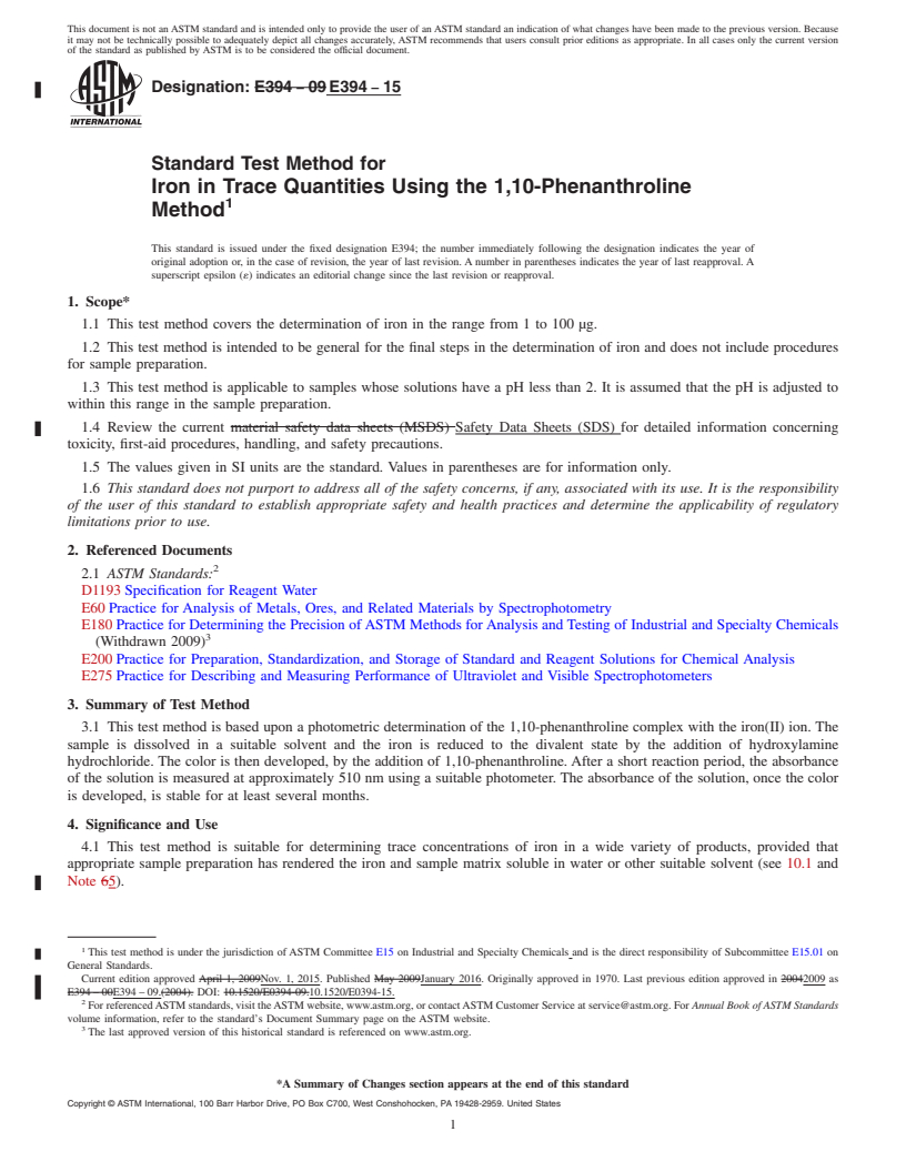 REDLINE ASTM E394-15 - Standard Test Method for Iron in Trace Quantities Using the 1,10-Phenanthroline Method