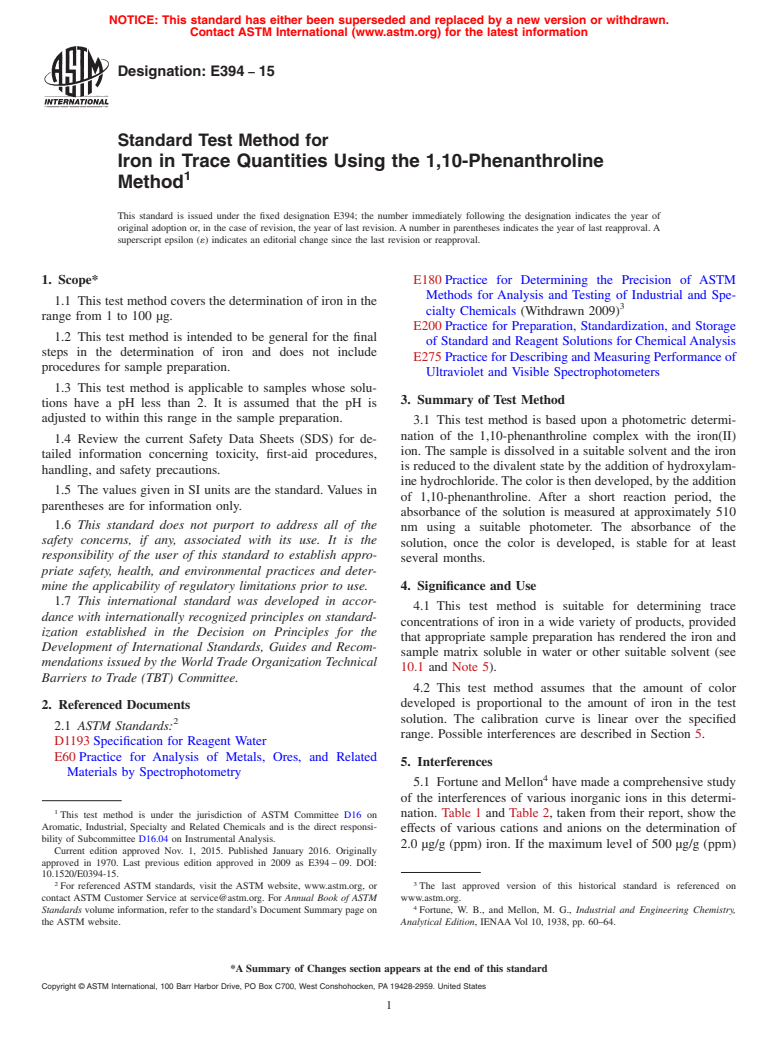 ASTM E394-15 - Standard Test Method for Iron in Trace Quantities Using the 1,10-Phenanthroline Method