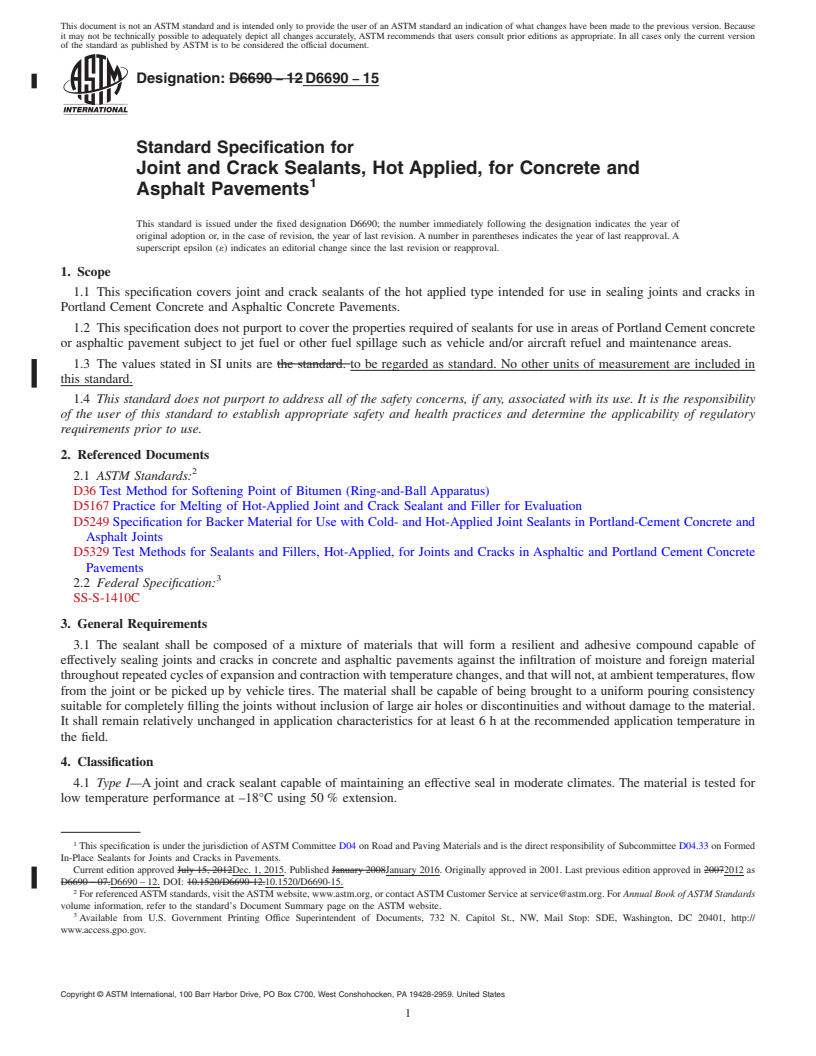 REDLINE ASTM D6690-15 - Standard Specification for Joint and Crack Sealants, Hot Applied, for Concrete and Asphalt  Pavements