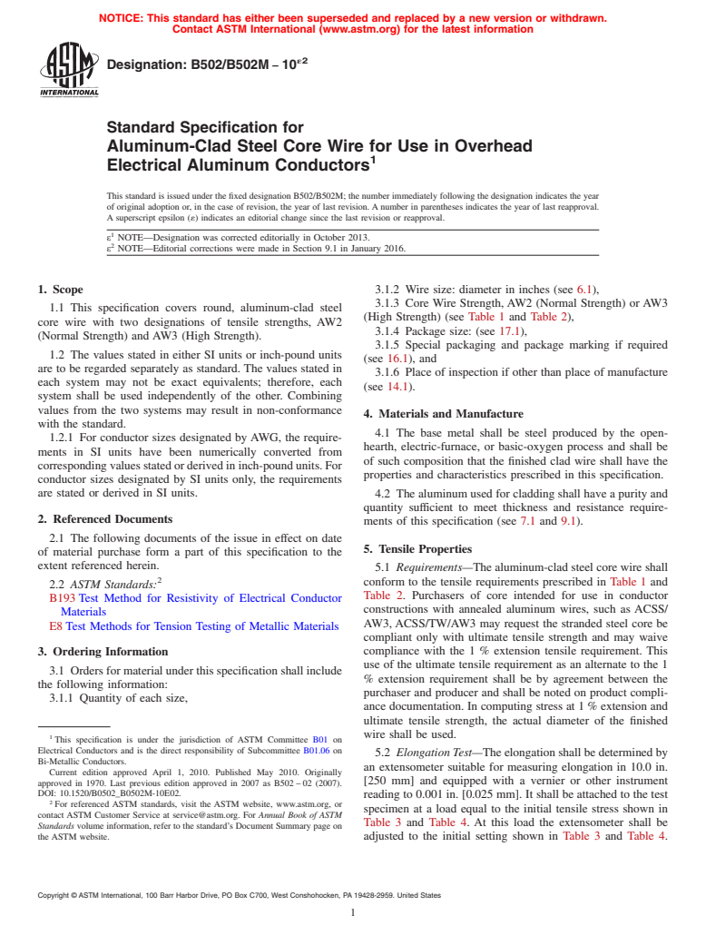 ASTM B502/B502M-10e2 - Standard Specification for Aluminum-Clad Steel Core Wire for Use in Overhead Electrical   Aluminum Conductors
