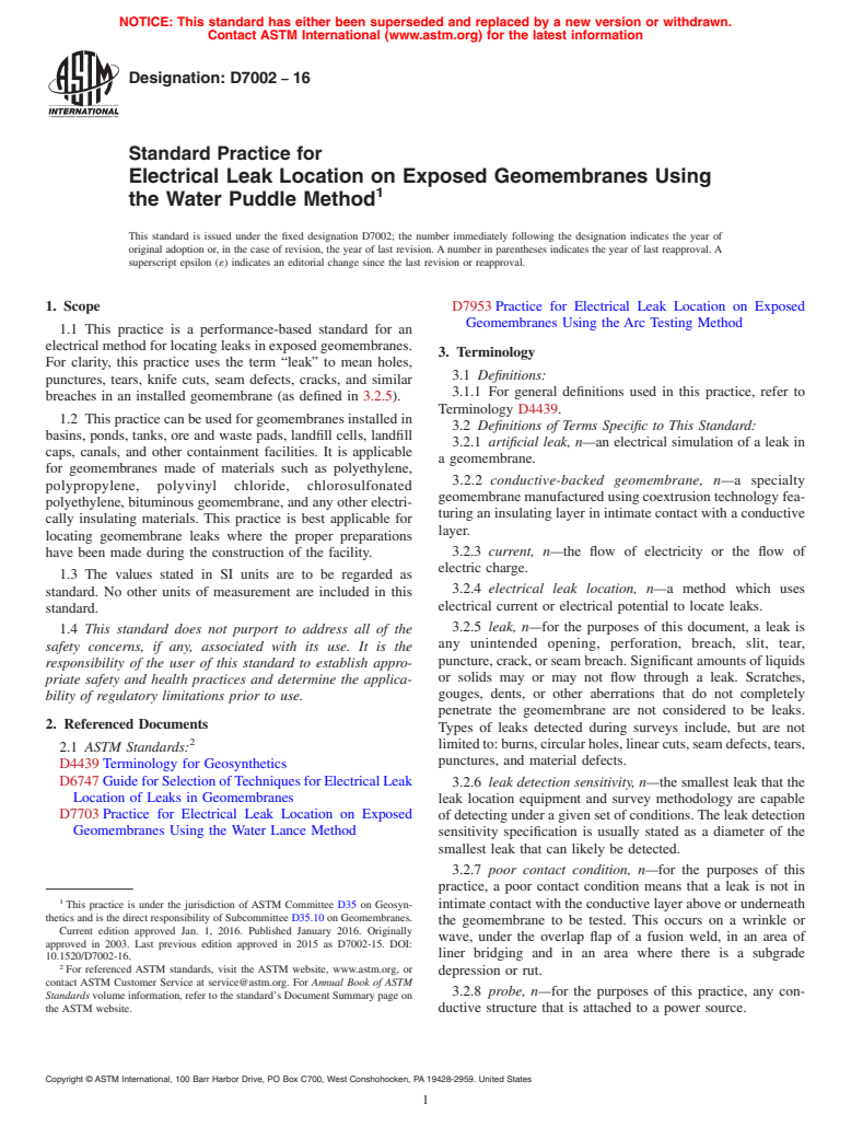 ASTM D7002-16 - Standard Practice for Electrical Leak Location on Exposed Geomembranes Using the  Water Puddle Method