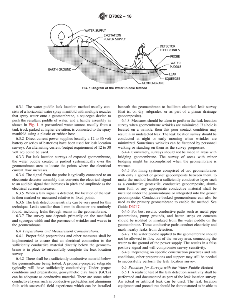 ASTM D7002-16 - Standard Practice for Electrical Leak Location on Exposed Geomembranes Using the  Water Puddle Method