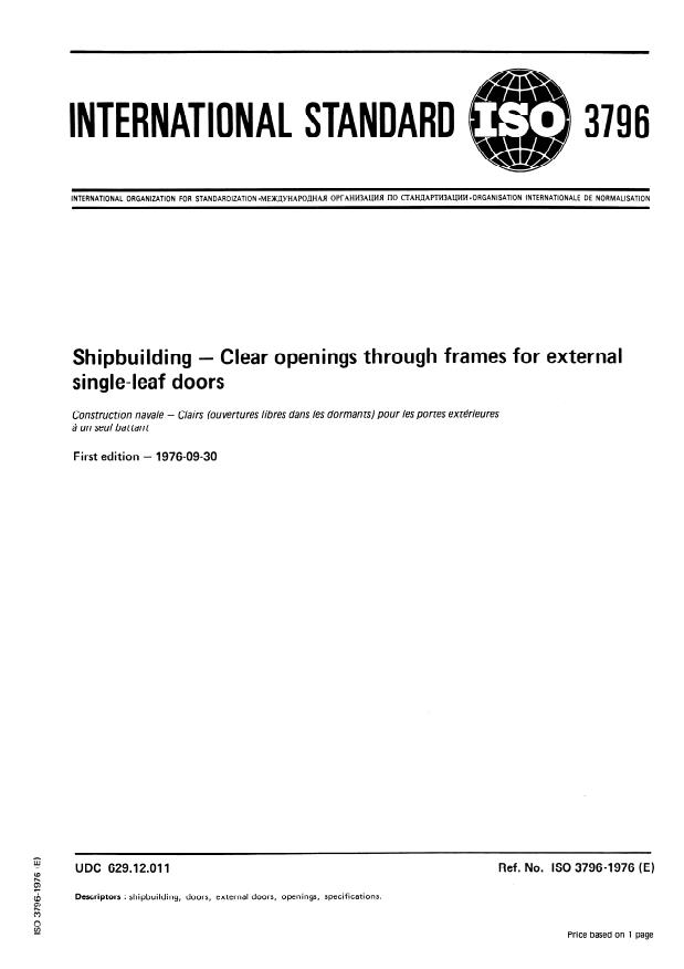 ISO 3796:1976 - Shipbuilding -- Clear openings through frames for external single-leaf doors