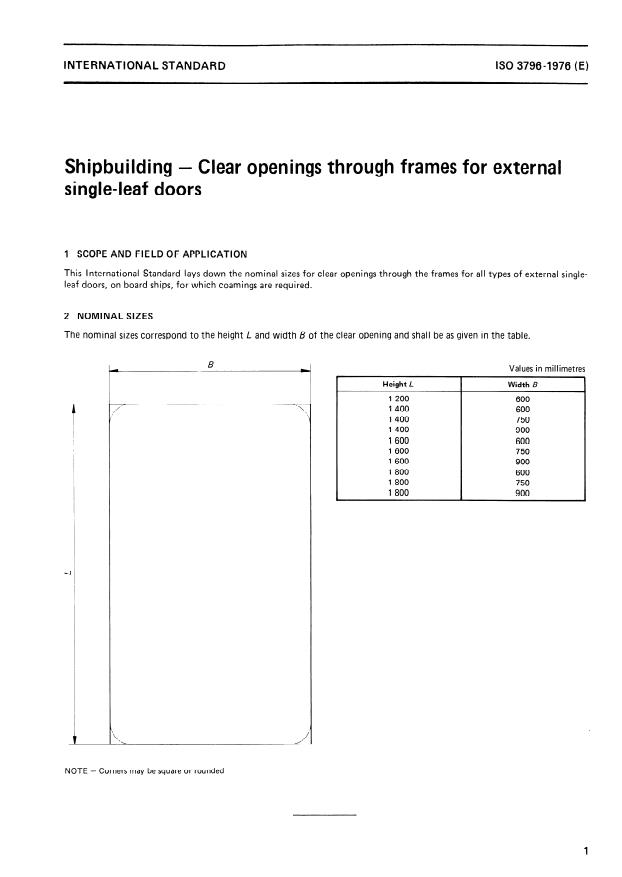 ISO 3796:1976 - Shipbuilding -- Clear openings through frames for external single-leaf doors