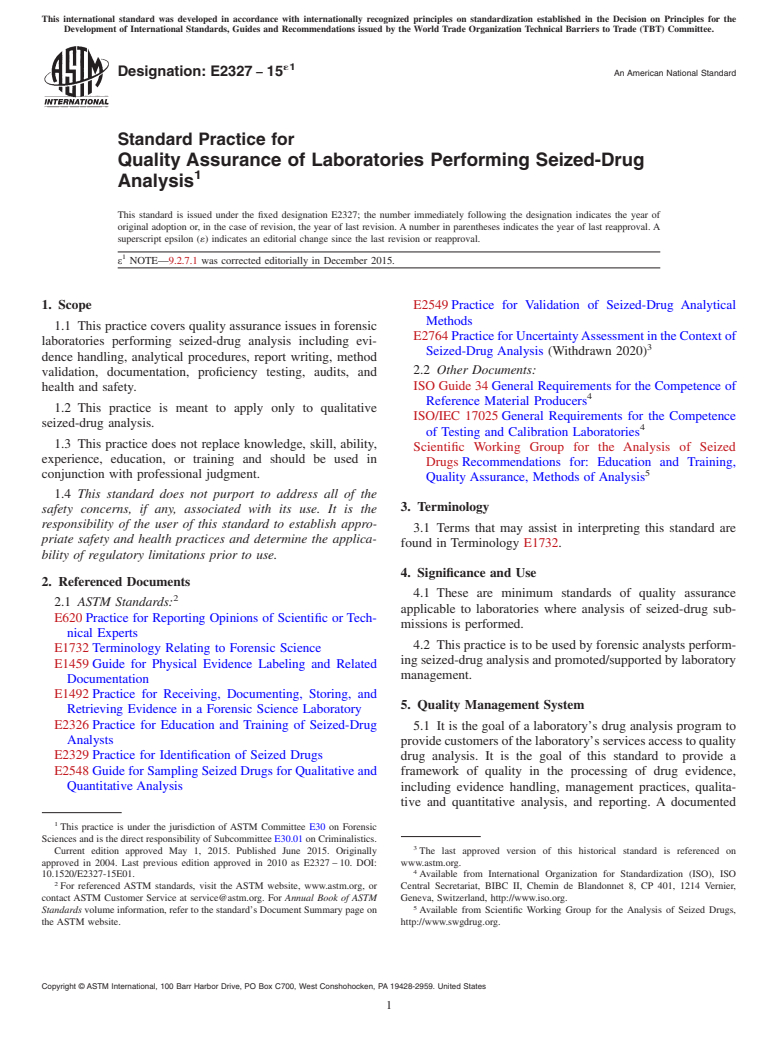 ASTM E2327-15e1 - Standard Practice for  Quality Assurance of Laboratories Performing Seized-Drug Analysis