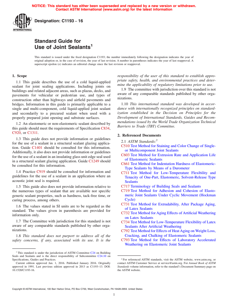 ASTM C1193-16 - Standard Guide for  Use of Joint Sealants