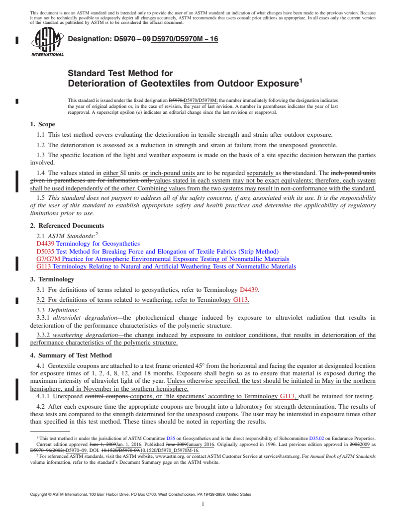 REDLINE ASTM D5970/D5970M-16 - Standard Test Method for Deterioration of Geotextiles from Outdoor Exposure