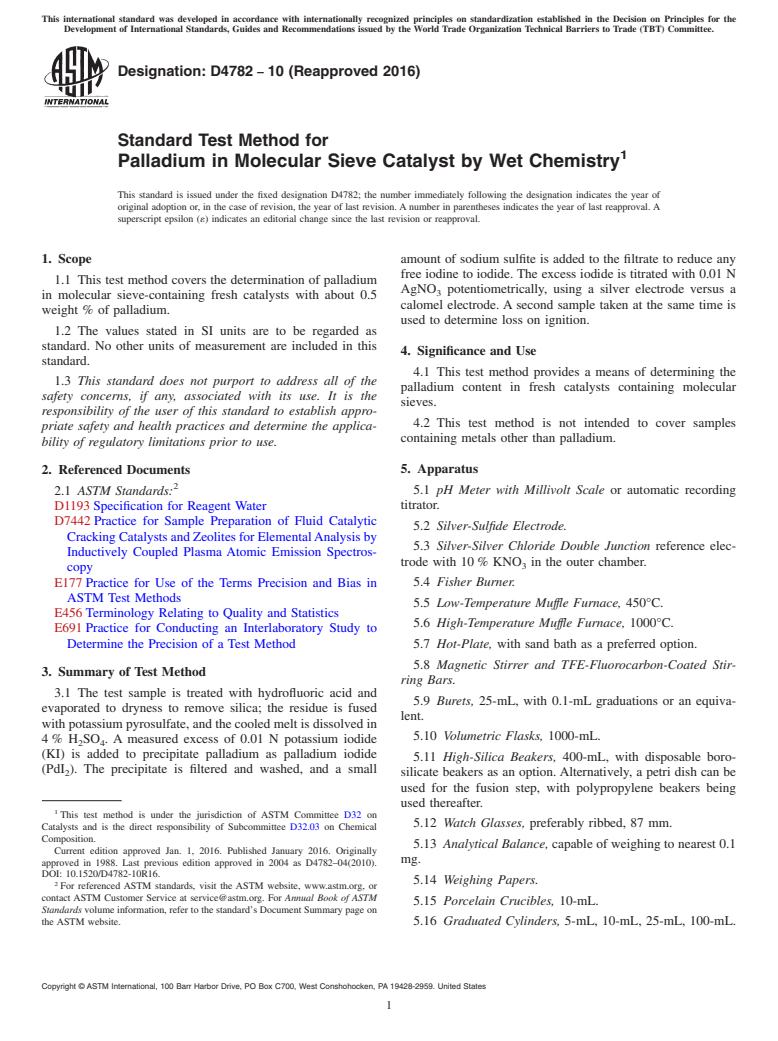 ASTM D4782-10(2016) - Standard Test Method for  Palladium in Molecular Sieve Catalyst by Wet Chemistry