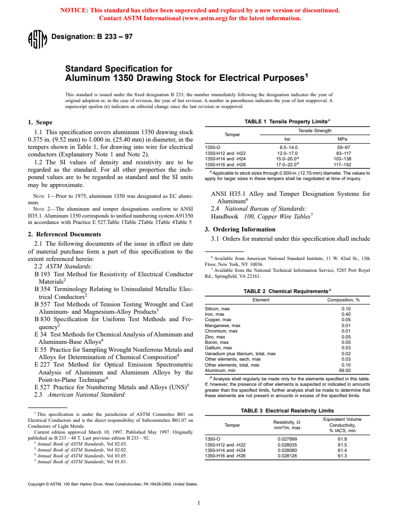 ASTM B233-97 - Standard Specification for Aluminum 1350 Drawing Stock for Electrical Purposes