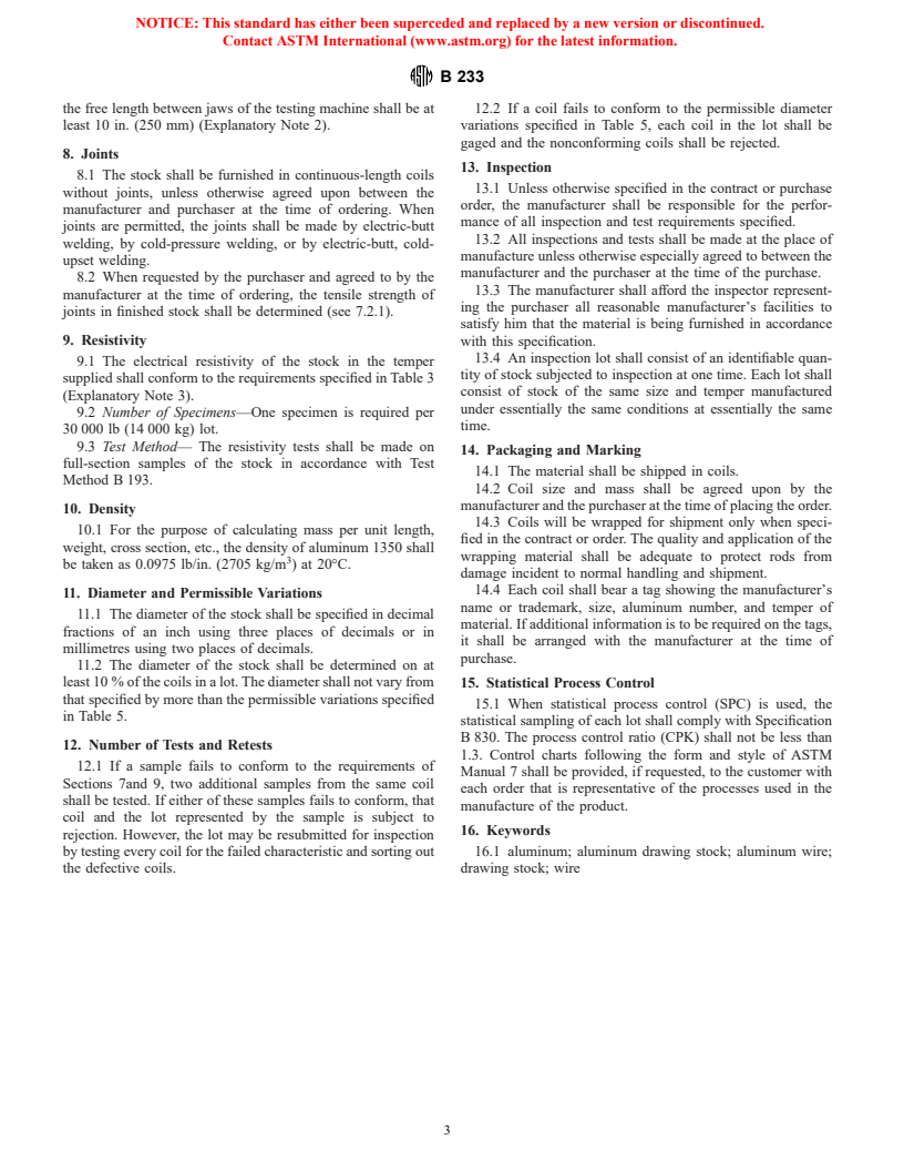 ASTM B233-97 - Standard Specification for Aluminum 1350 Drawing Stock for Electrical Purposes