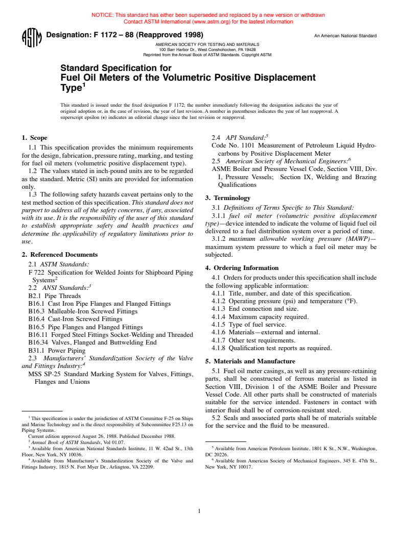 ASTM F1172-88(1998) - Standard Specification for Fuel Oil Meters of the Volumetric Positive Displacement Type