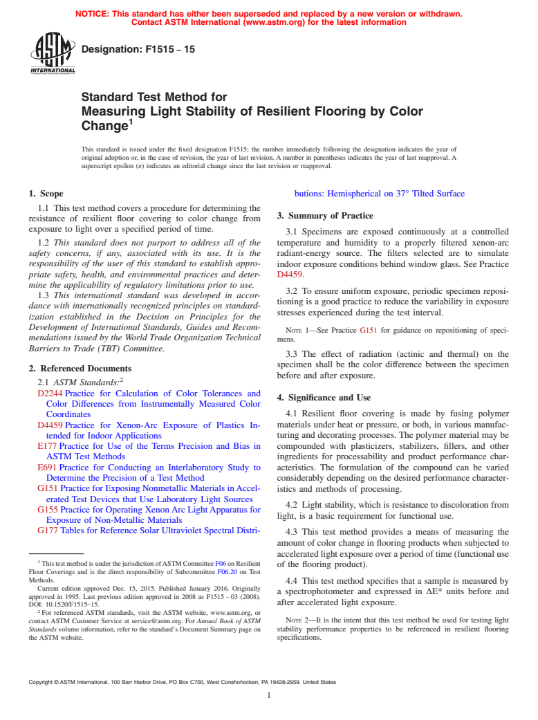 ASTM F1515-15 - Standard Test Method for  Measuring Light Stability of Resilient Flooring by Color Change