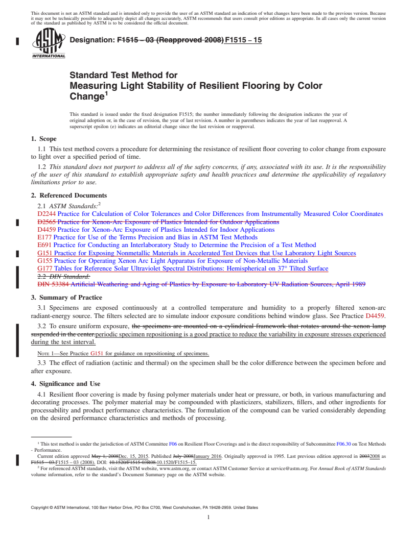 REDLINE ASTM F1515-15 - Standard Test Method for  Measuring Light Stability of Resilient Flooring by Color Change