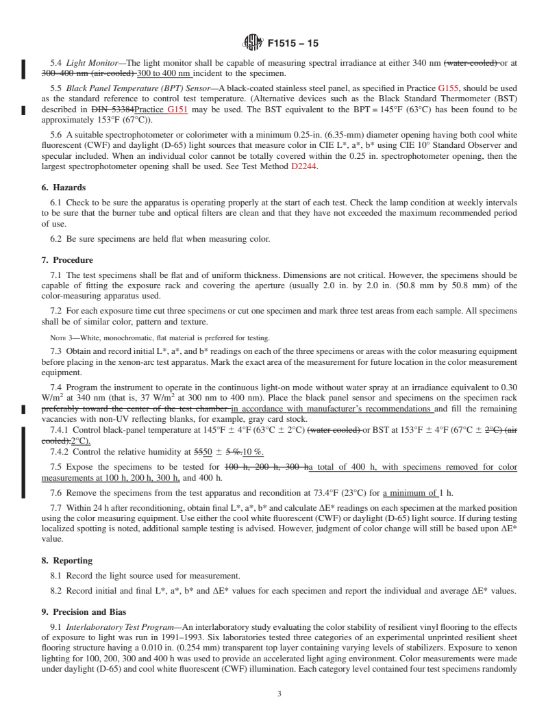 REDLINE ASTM F1515-15 - Standard Test Method for  Measuring Light Stability of Resilient Flooring by Color Change