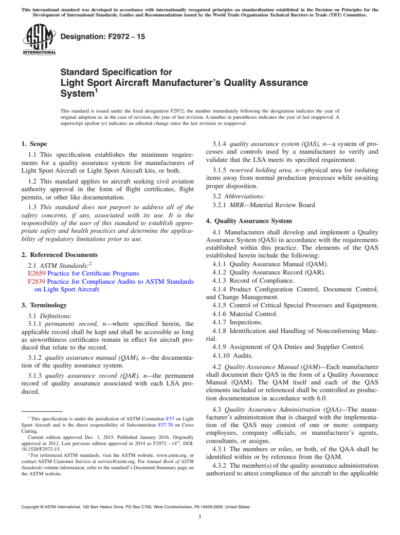 ASTM F2972-15 - Standard Specification for Light Sport Aircraft Manufacturer&#x2019;s Quality Assurance  System
