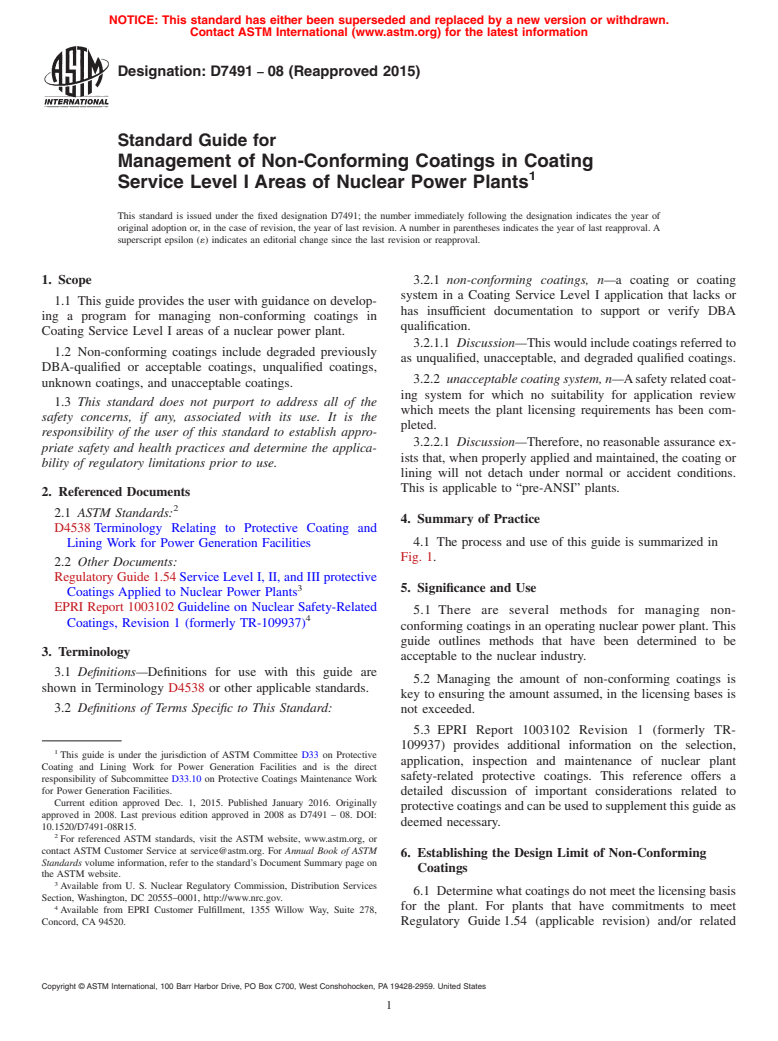 ASTM D7491-08(2015) - Standard Guide for Management of Non-Conforming Coatings in Coating Service Level  I Areas of Nuclear Power Plants