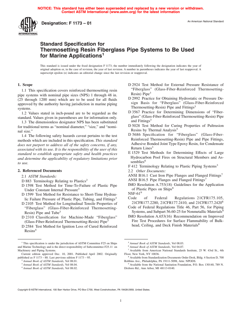 ASTM F1173-01 - Standard Specification for Thermosetting Resin Fiberglass Pipe Systems to Be Used for Marine Applications