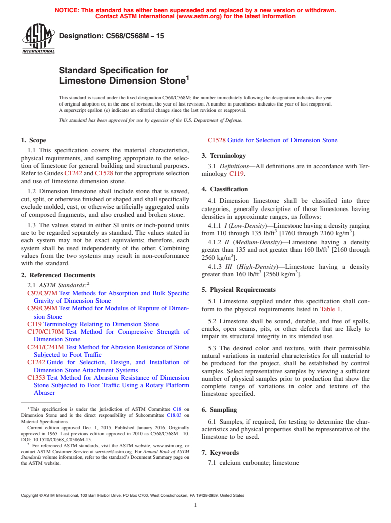 ASTM C568/C568M-15 - Standard Specification for  Limestone Dimension Stone