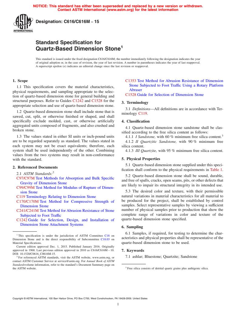 ASTM C616/C616M-15 - Standard Specification for  Quartz-Based Dimension Stone