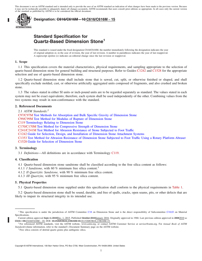 REDLINE ASTM C616/C616M-15 - Standard Specification for  Quartz-Based Dimension Stone