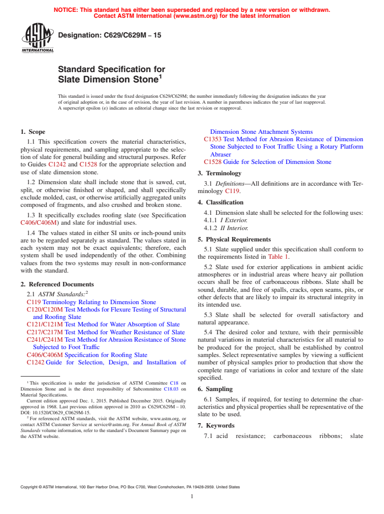 ASTM C629/C629M-15 - Standard Specification for  Slate Dimension Stone