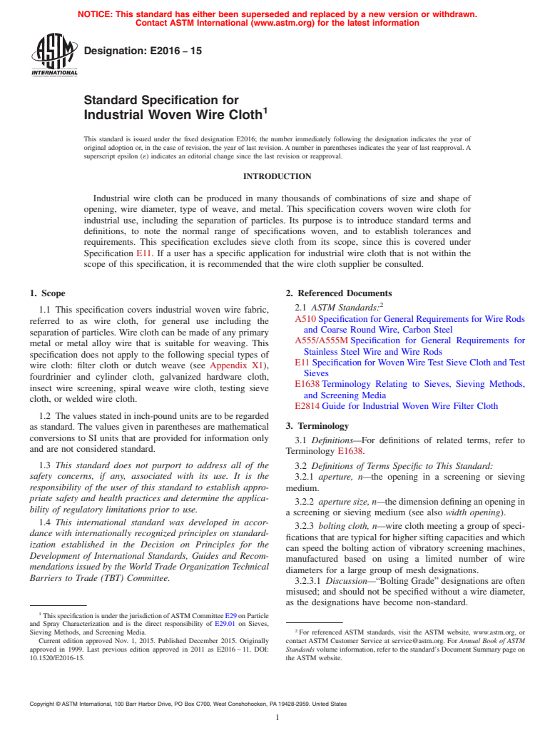 ASTM E2016-15 - Standard Specification for  Industrial Woven Wire Cloth