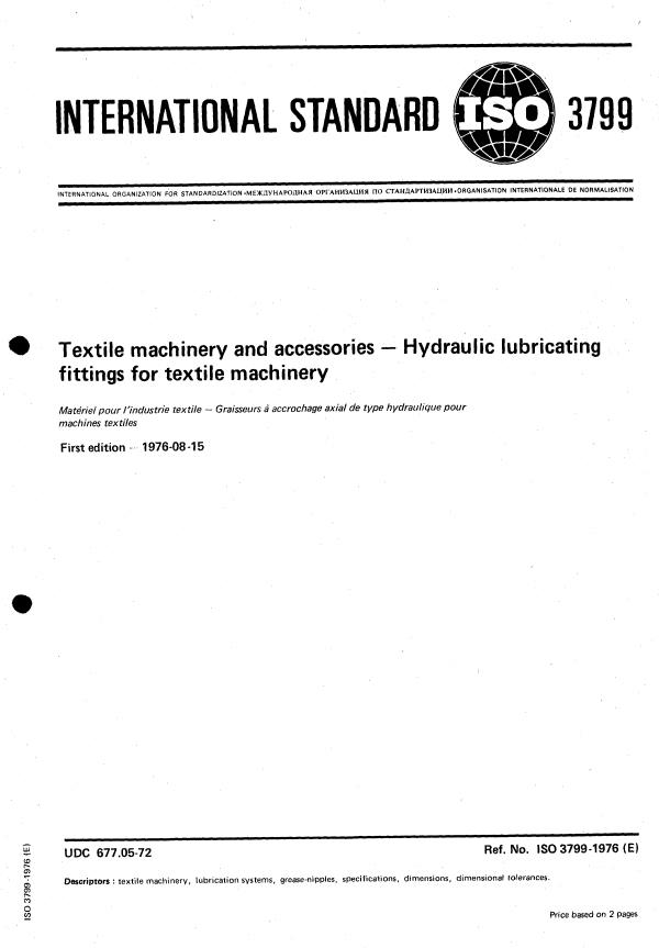 ISO 3799:1976 - Textile machinery and accessories -- Hydraulic lubricating fittings for textile machinery