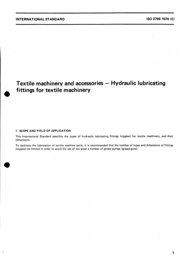 ISO 3799:1976 - Textile machinery and accessories -- Hydraulic lubricating fittings for textile machinery