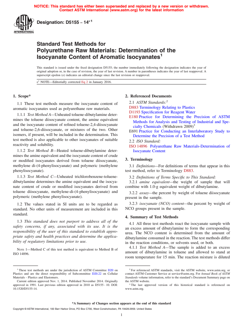 ASTM D5155-14e1 - Standard Test Methods for  Polyurethane Raw Materials: Determination of the Isocyanate  Content of Aromatic Isocyanates