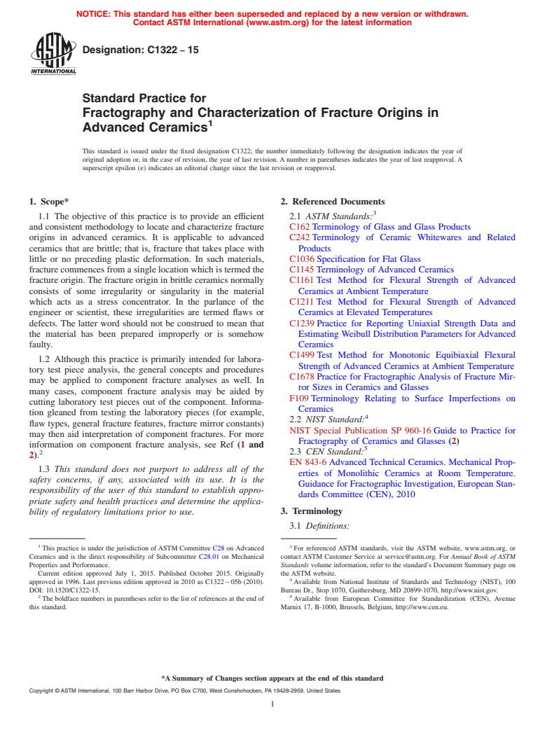 ASTM C1322-15 - Standard Practice for Fractography and Characterization of Fracture Origins in Advanced   Ceramics