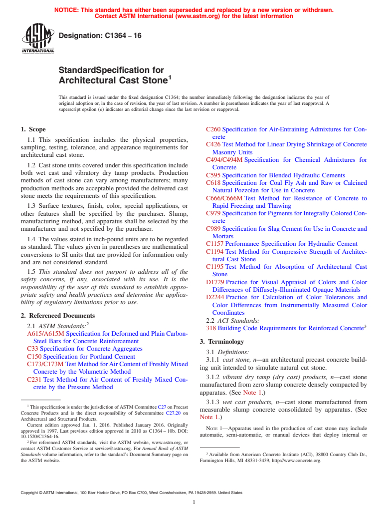 ASTM C1364-16 - Standard Specification for  Architectural Cast Stone