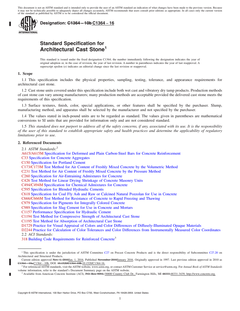 REDLINE ASTM C1364-16 - Standard Specification for  Architectural Cast Stone