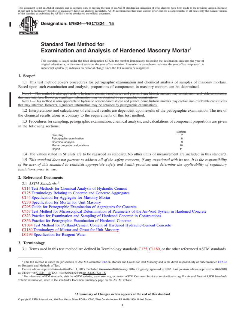 REDLINE ASTM C1324-15 - Standard Test Method for  Examination and Analysis of Hardened Masonry Mortar