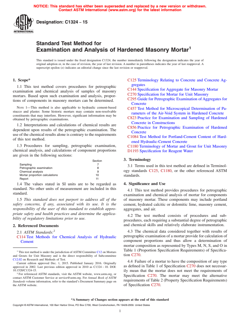 ASTM C1324-15 - Standard Test Method for  Examination and Analysis of Hardened Masonry Mortar