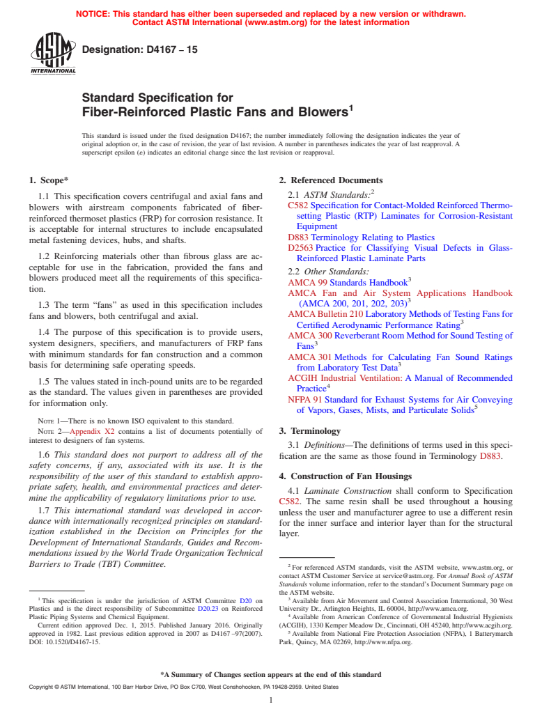 ASTM D4167-15 - Standard Specification for  Fiber-Reinforced Plastic Fans and Blowers