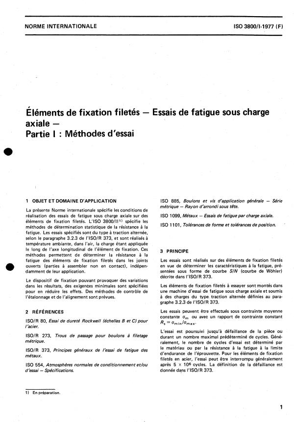 ISO 3800-1:1977 - Éléments de fixation filetés -- Essais de fatigue sous charge axiale