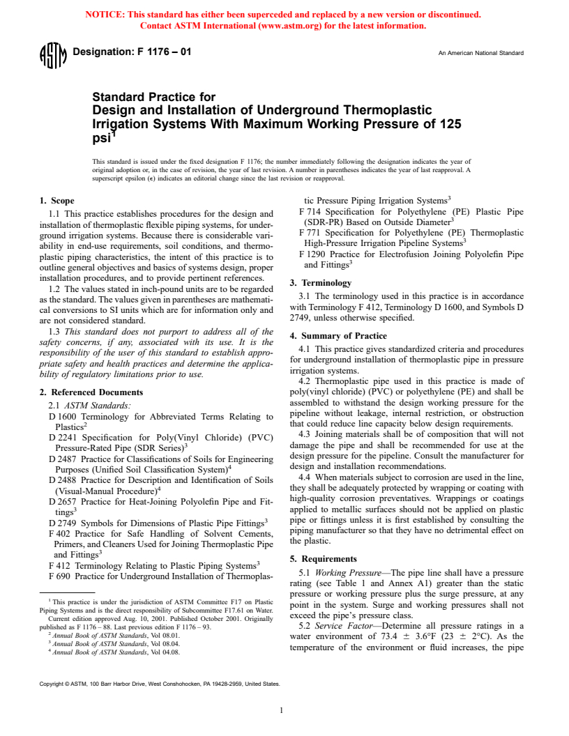 ASTM F1176-01 - Standard Practice for Design and Installation of Underground Thermoplastic Irrigation Systems With Maximum Working Pressure of 125 psi