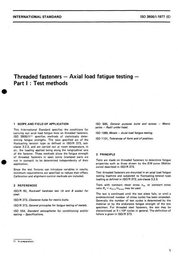 ISO 3800-1:1977 - Threaded fasteners -- Axial load fatigue testing