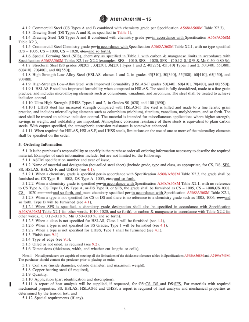 REDLINE ASTM A1011/A1011M-15 - Standard Specification for  Steel, Sheet and Strip, Hot-Rolled, Carbon, Structural, High-Strength  Low-Alloy, High-Strength Low-Alloy with Improved Formability, and  Ultra-High Strength