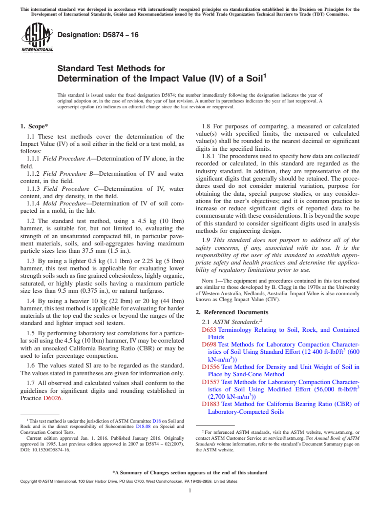 ASTM D5874-16 - Standard Test Methods for Determination of the Impact Value (IV) of a Soil